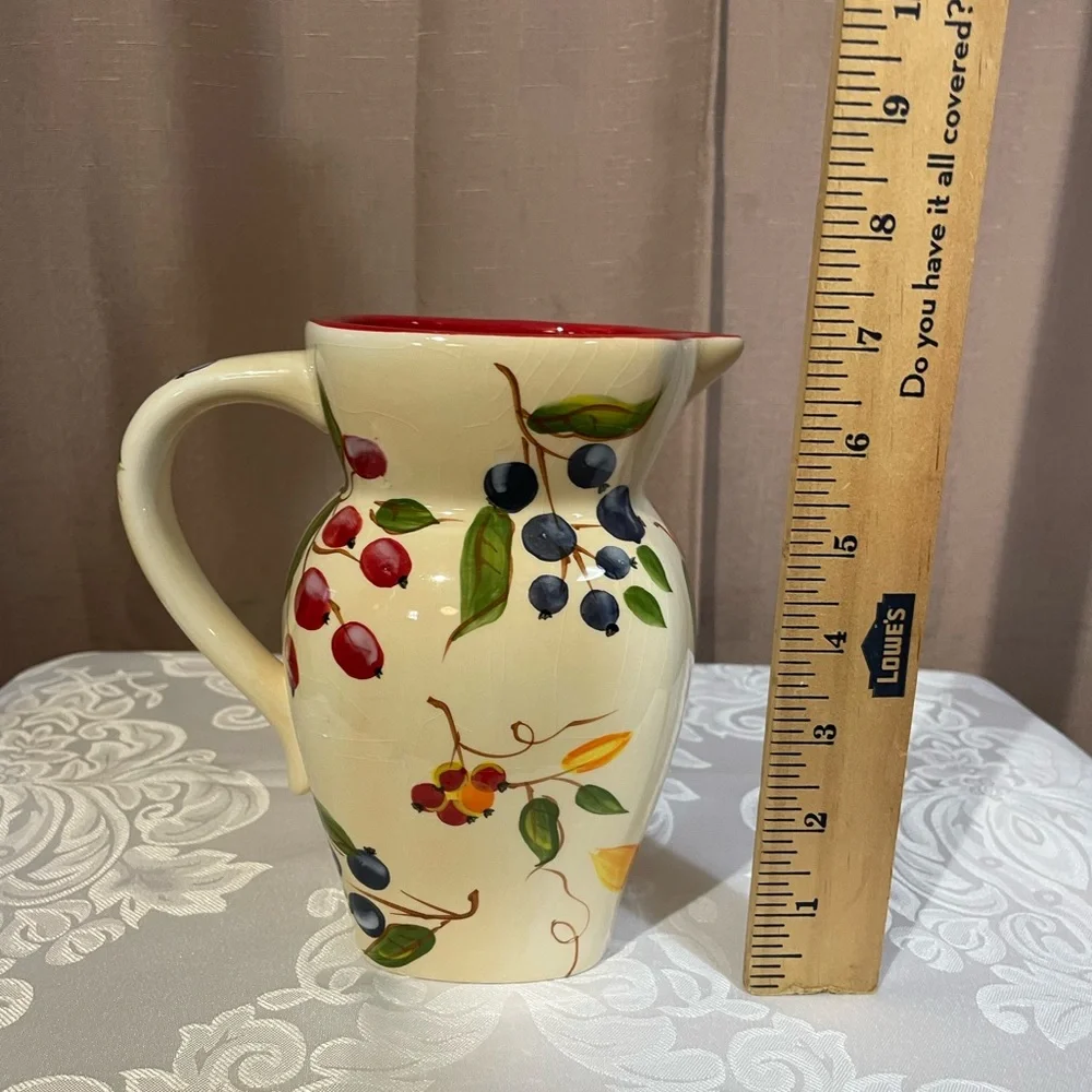 Vintage 1980s FTD Ceramic Pitcher Vase - Hand Painted Fruit Design 32oz EUC